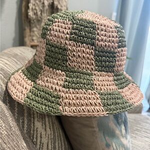 Straw Checkerboard Bucket Hat - Pink & Olive Green
